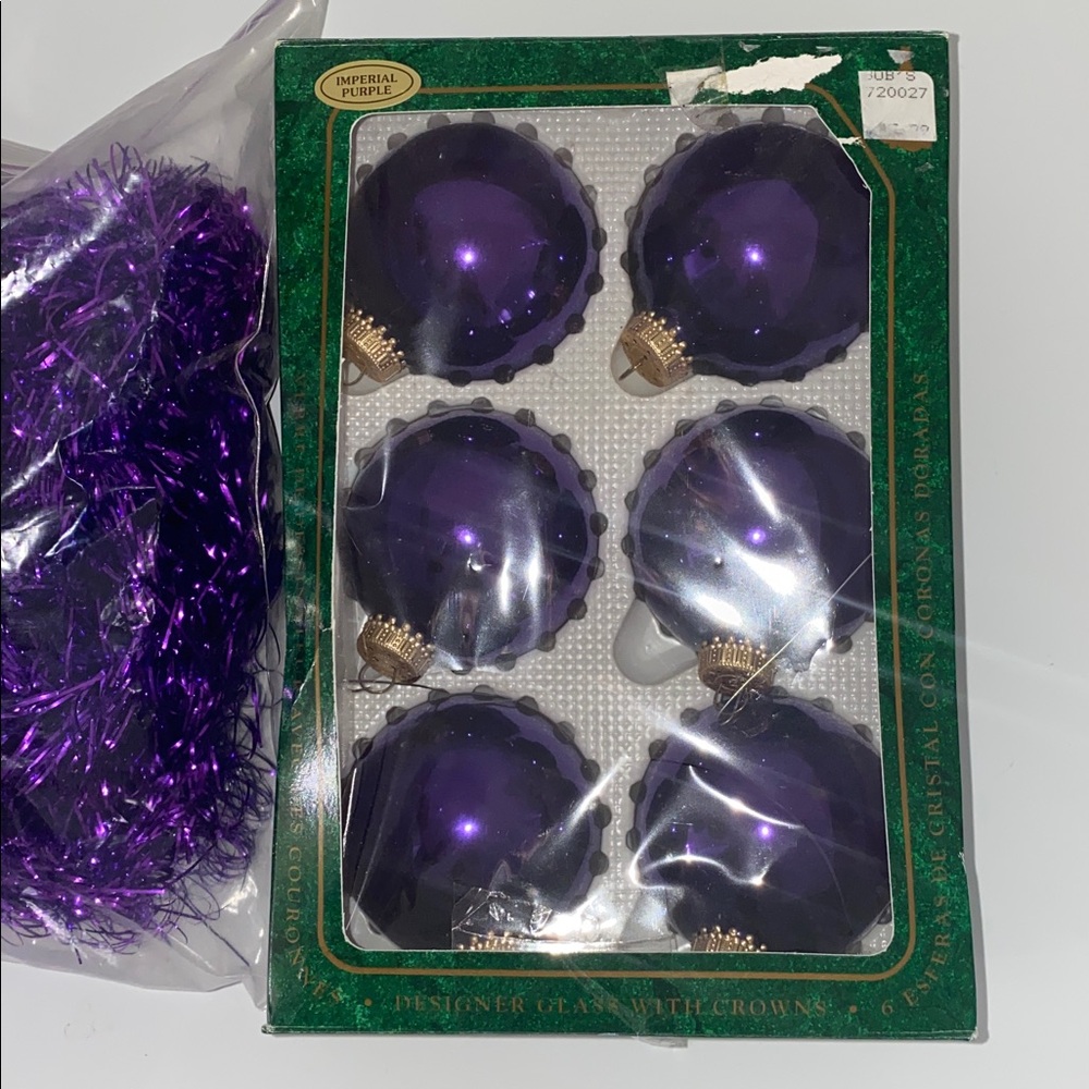 Vtg Krebs Purple Glass Ball Ornaments Set of 6 with Matching Purple Tinsel 16’